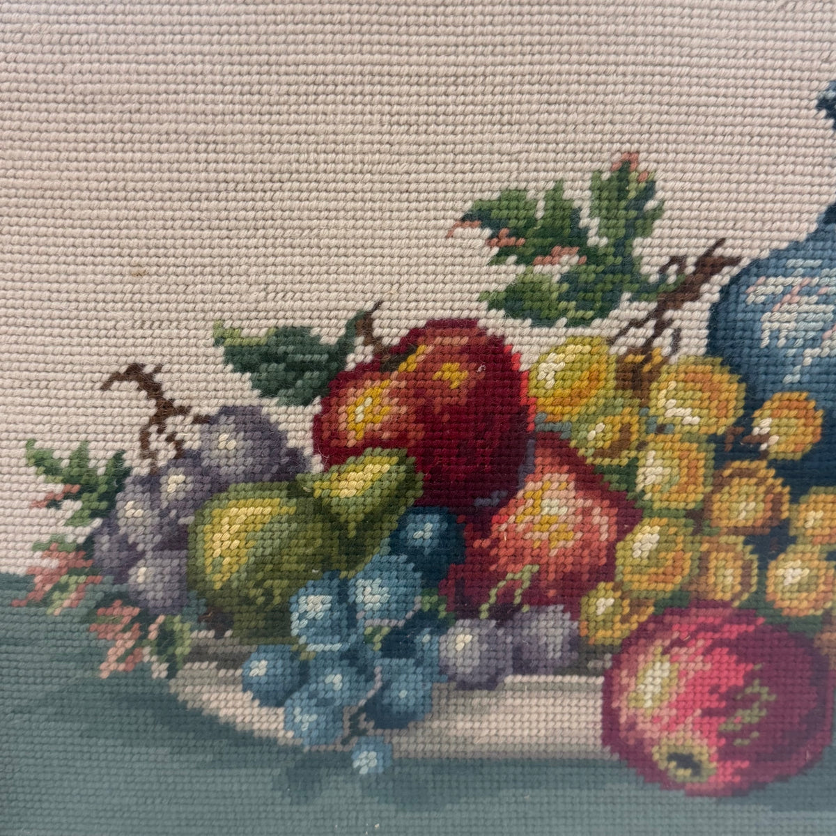Fruit Still Life with Blue Pitcher Framed Needlepoint Art