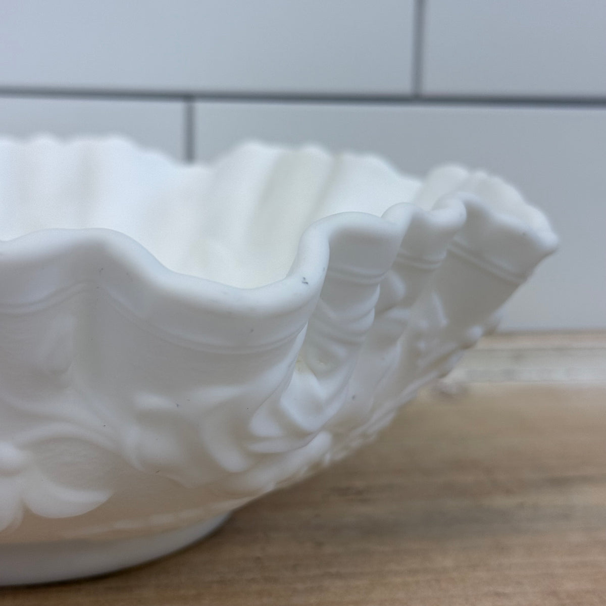 White Milk Glass Rose Bowl with Ruffled Rim