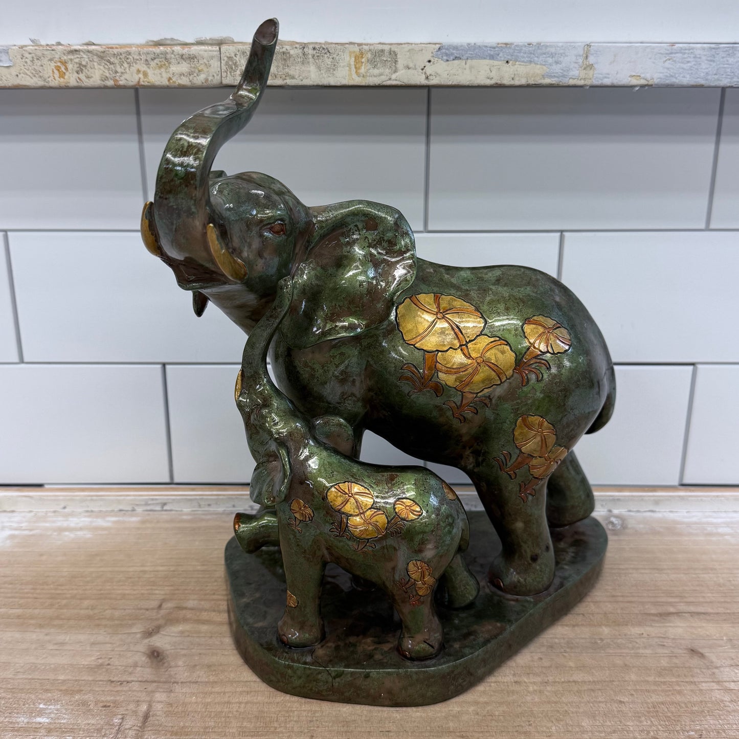 Mother Elephant Calf Figurine Faux Bronze Floral Statue