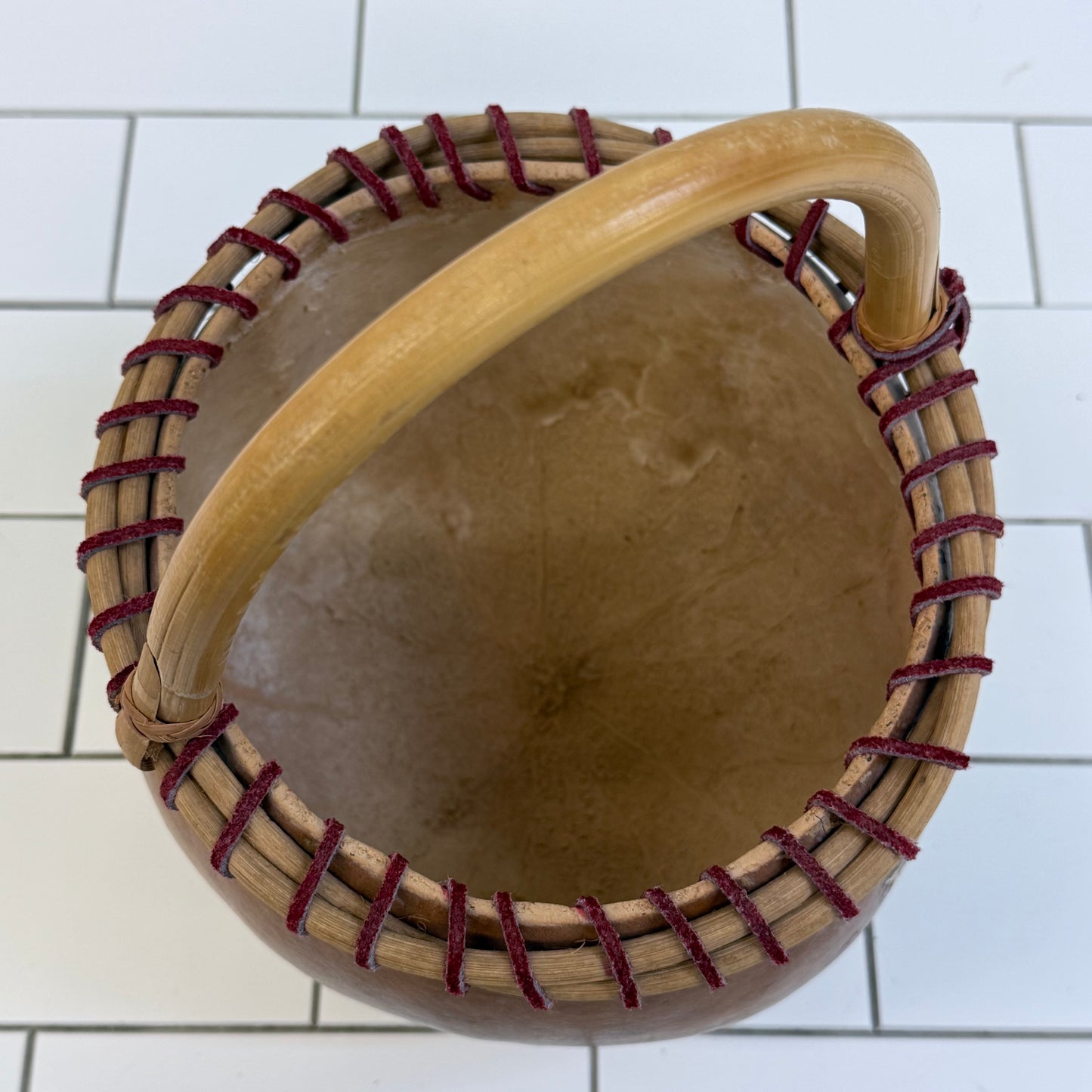 Handcrafted Signed Gourd Basket Bamboo Handle Folk Art 2000