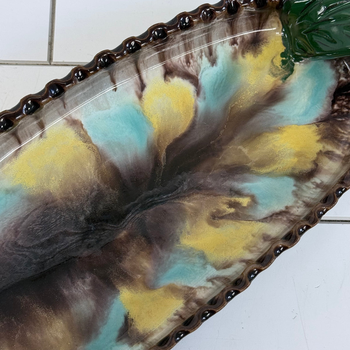 Austrian Art Pottery Drip Glaze Oval Tray Leaf Handles