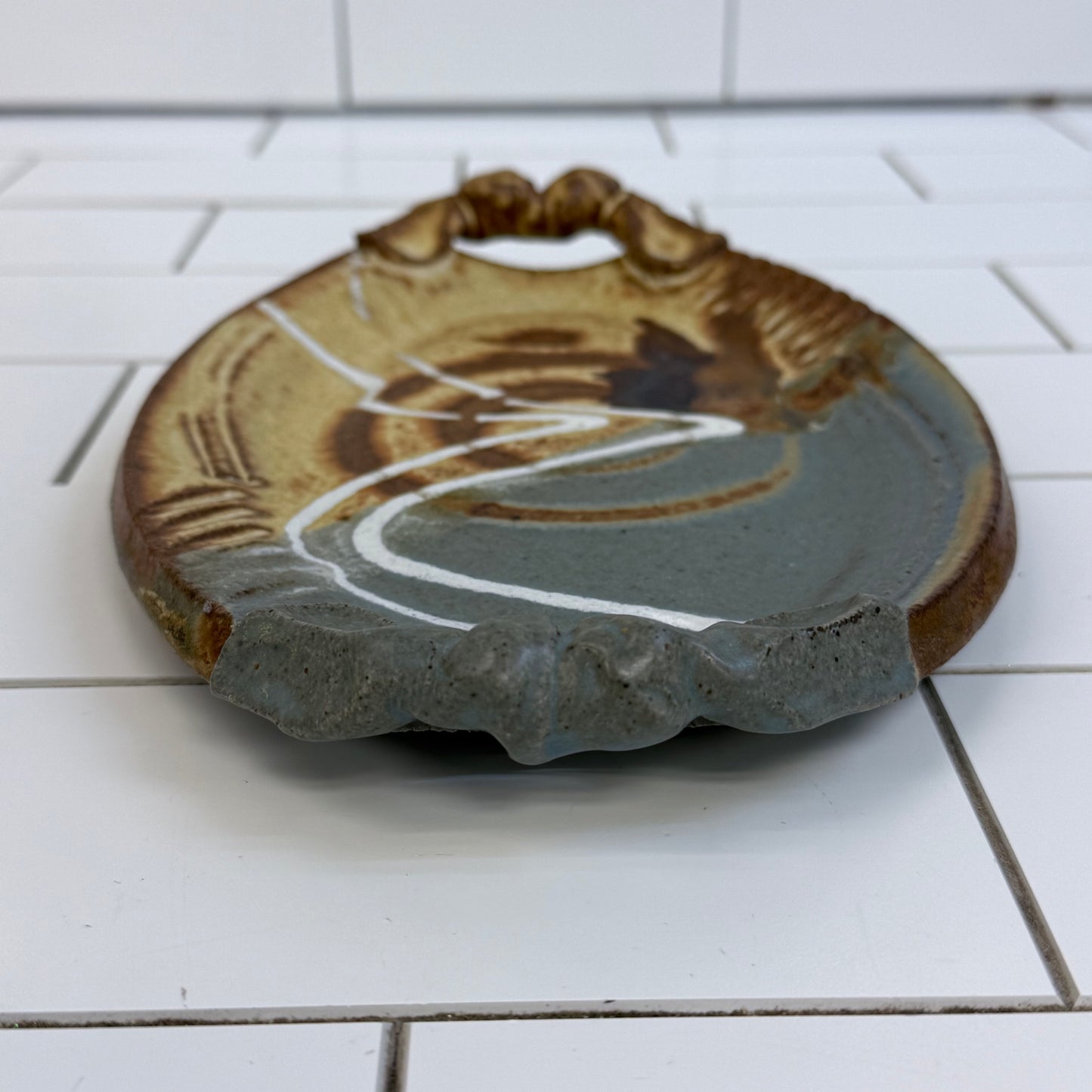 Signed Studio Art Pottery Abstract Handled Tray Stoneware