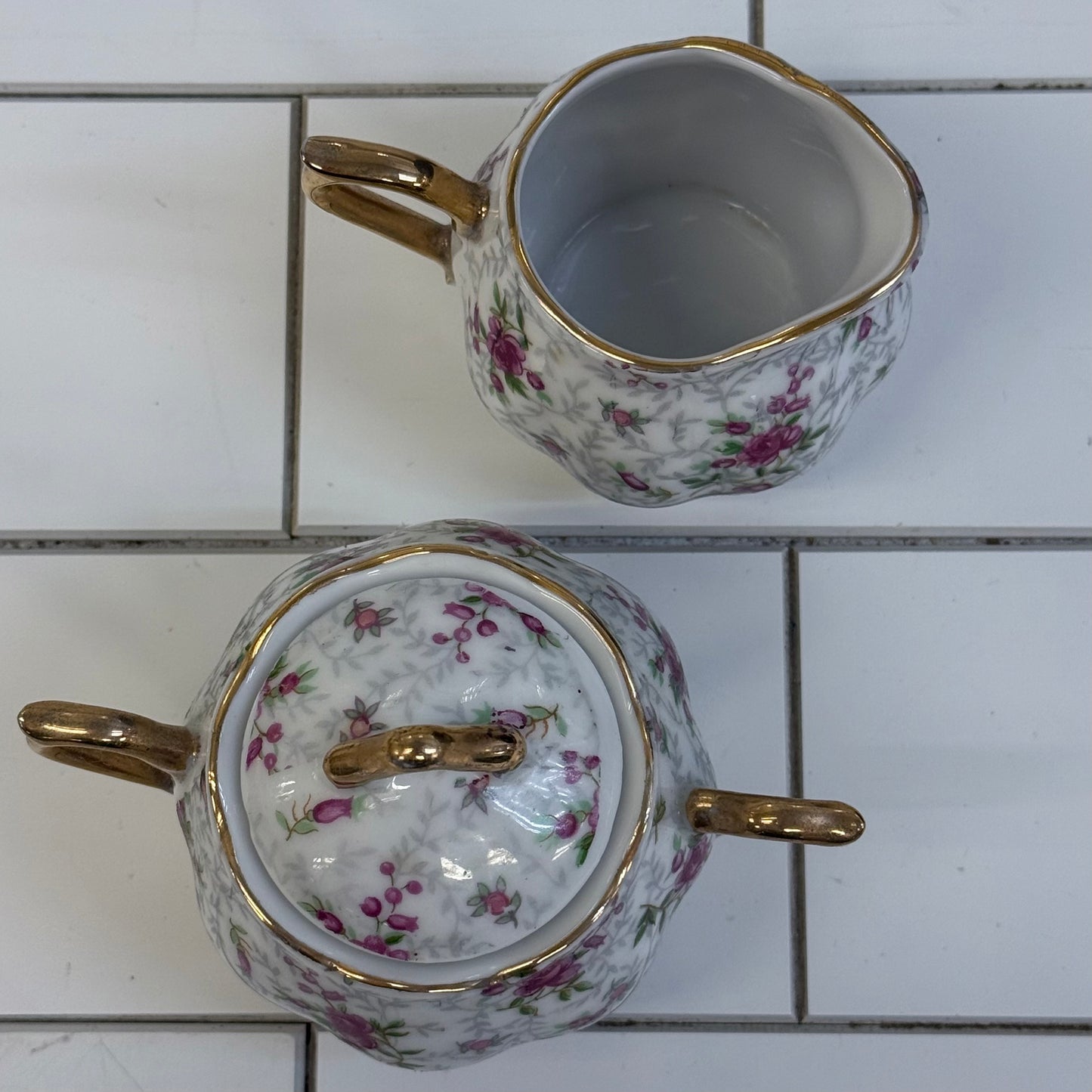 INARCO Rose Chintz Creamer & Sugar Bowl Set 1960s