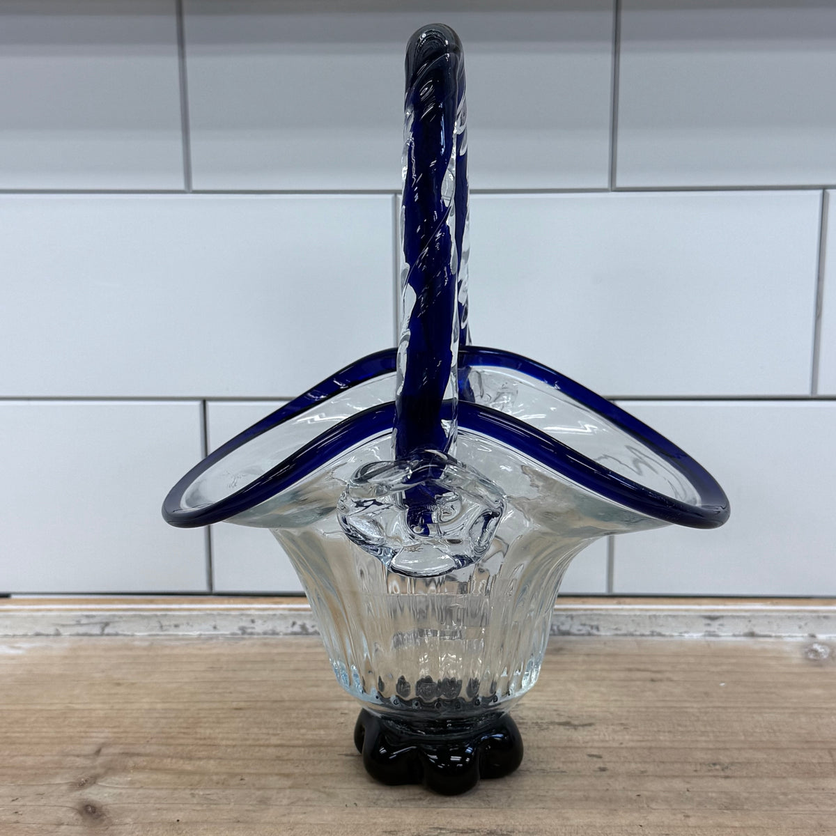 Crystal Brand Cobalt Blue Art Glass Basket 1970s