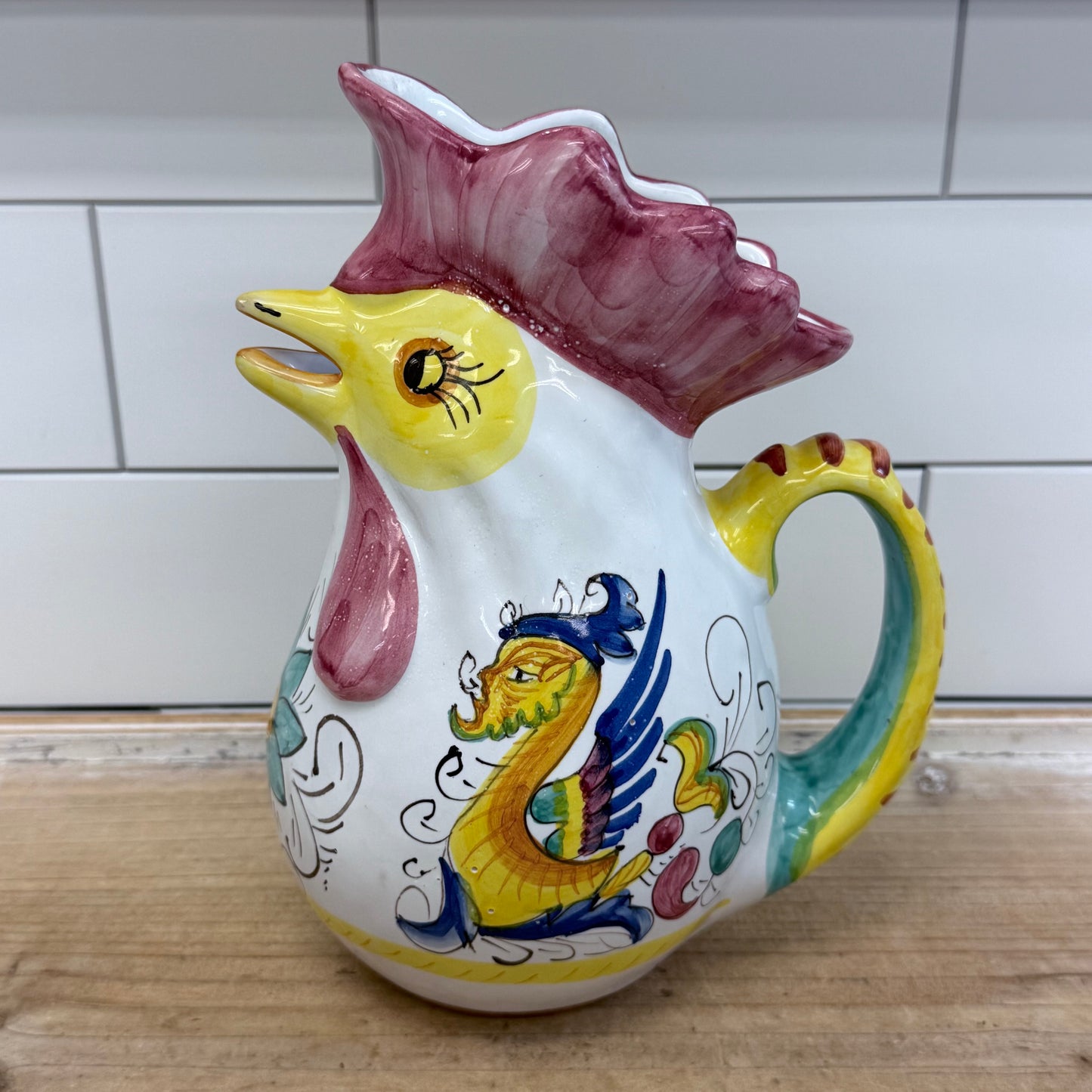 Italian Hand Painted Rooster Ceramic Pitcher Majolica Style
