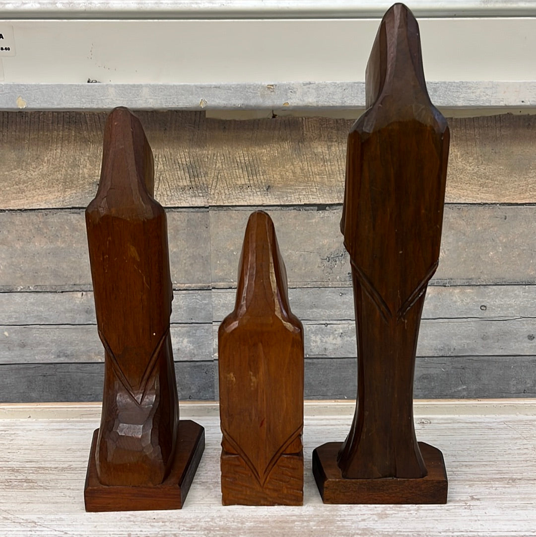 Vintage Hand Carved Wooden Monk Statues, Set of 3