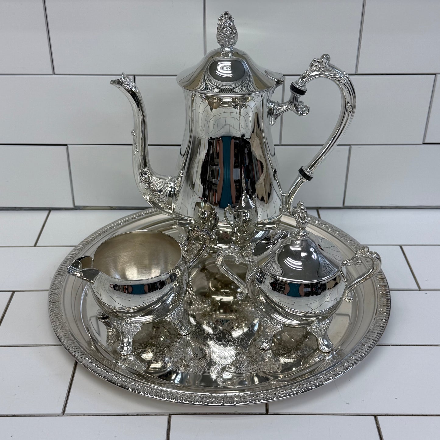 Vintage Silverplate Coffee Tea Service Set with Tray Box
