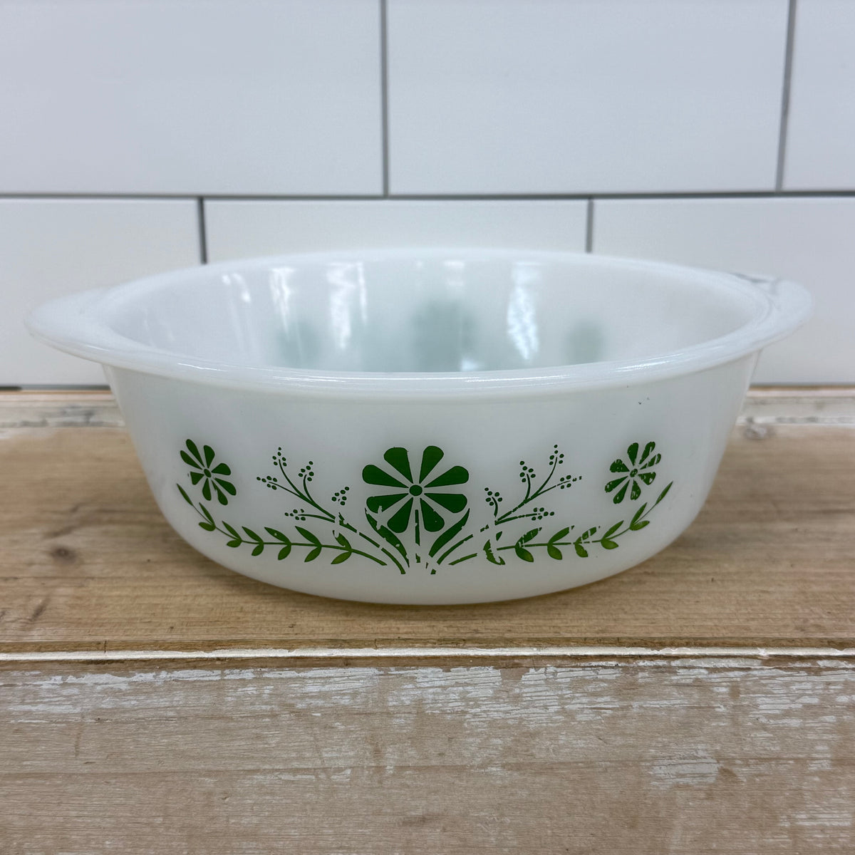 Glasbake Green Daisy Milk Glass Casserole Dish