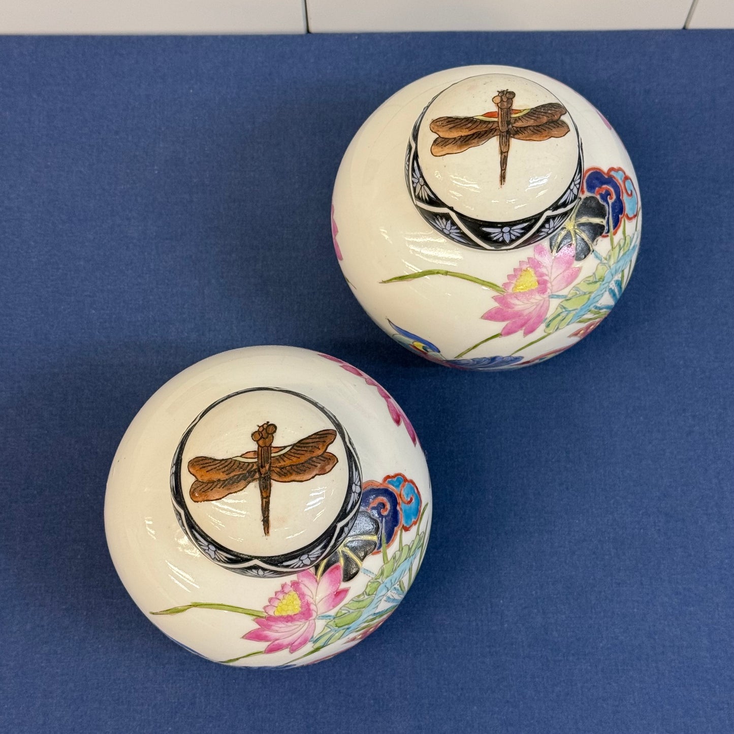 Toyo Porcelain Ginger Jars Bird & Dragonfly Set of 2 Japan