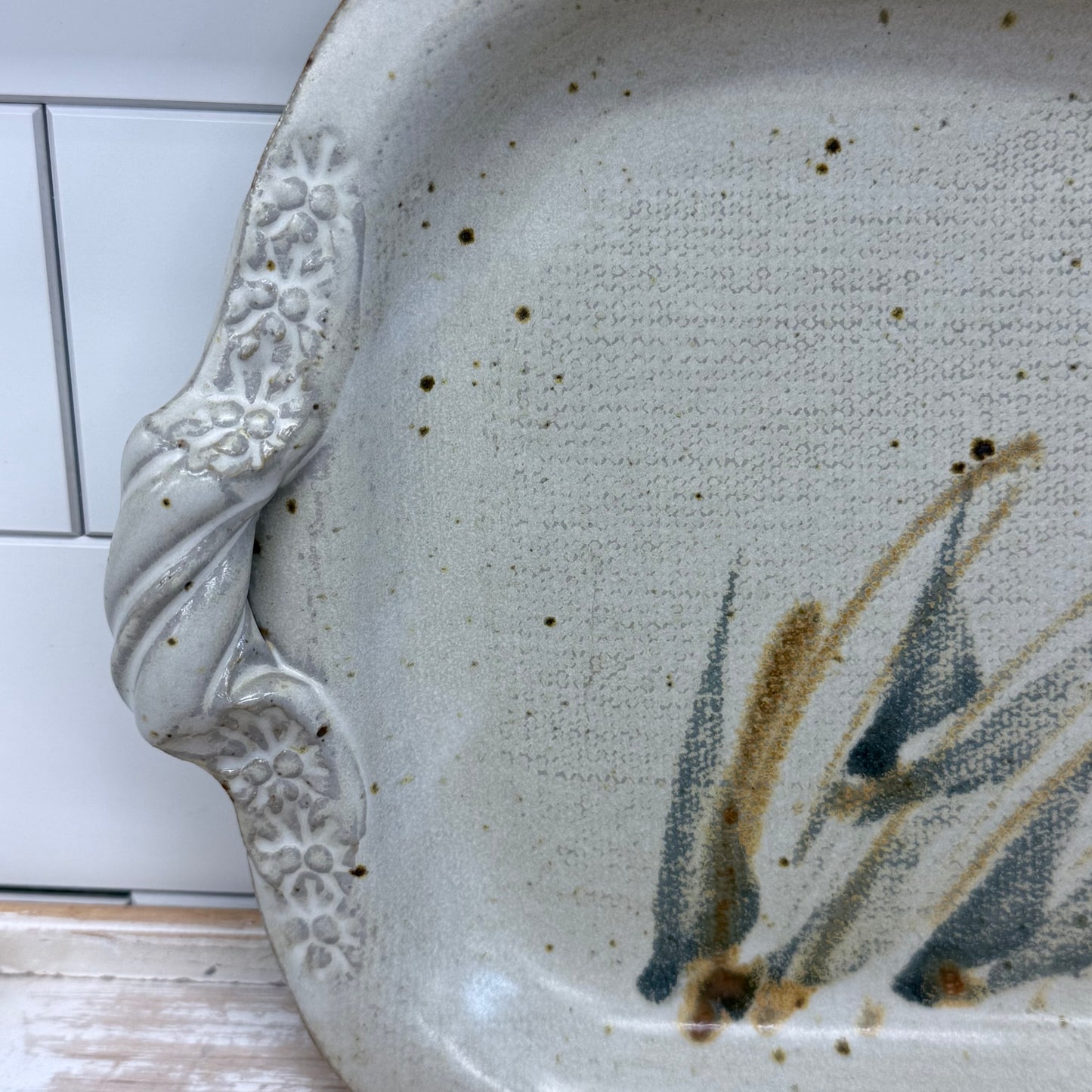Studio Art Pottery Floral Serving Tray Signed Stoneware