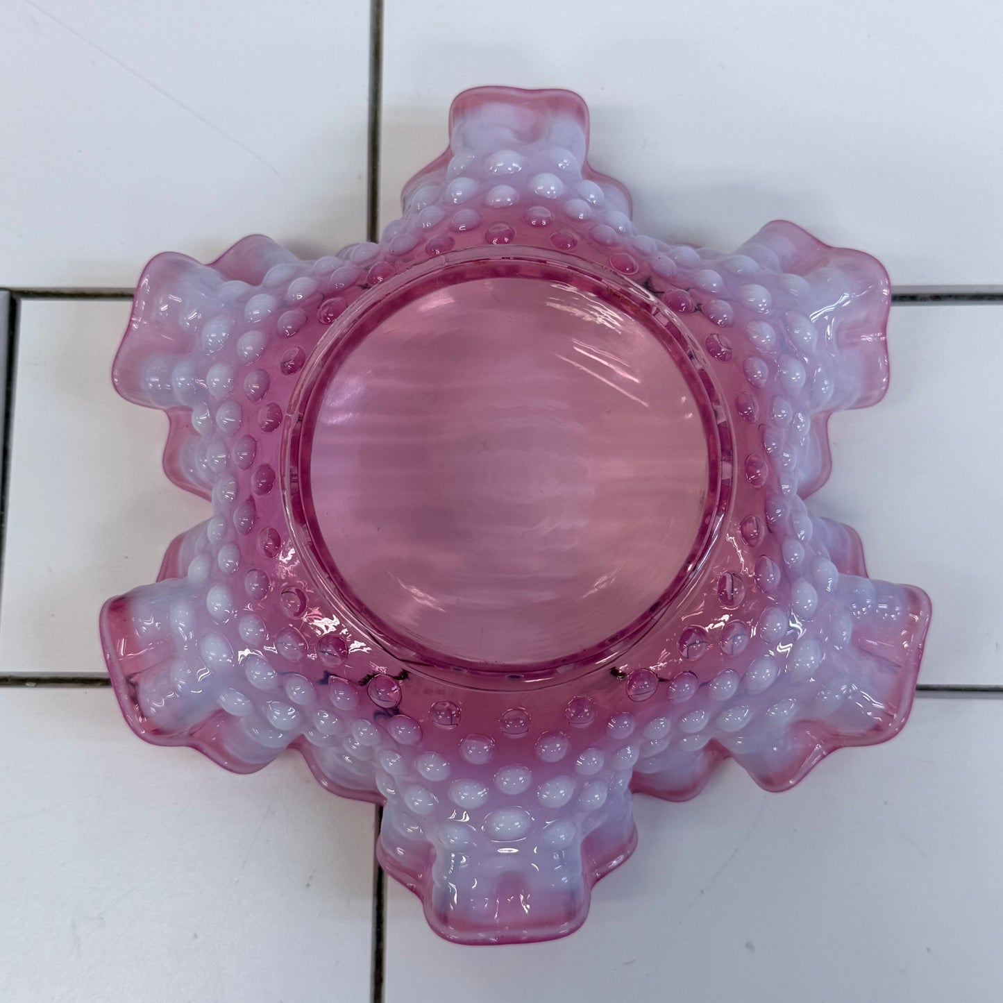 Fenton Cranberry Opalescent Hobnail Ruffled Candy Dish 6 Inch
