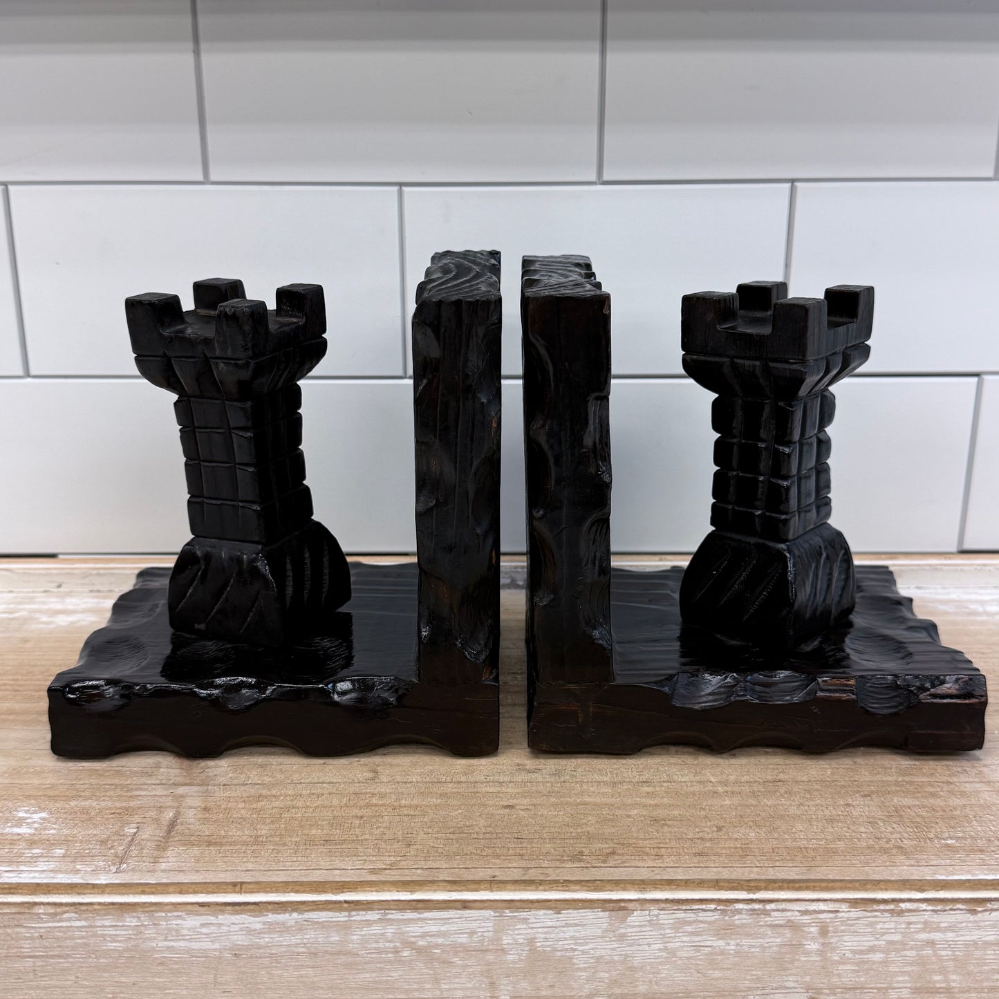 Spanish Carved Wood Bookends Castle Turret Medieval Style Pair