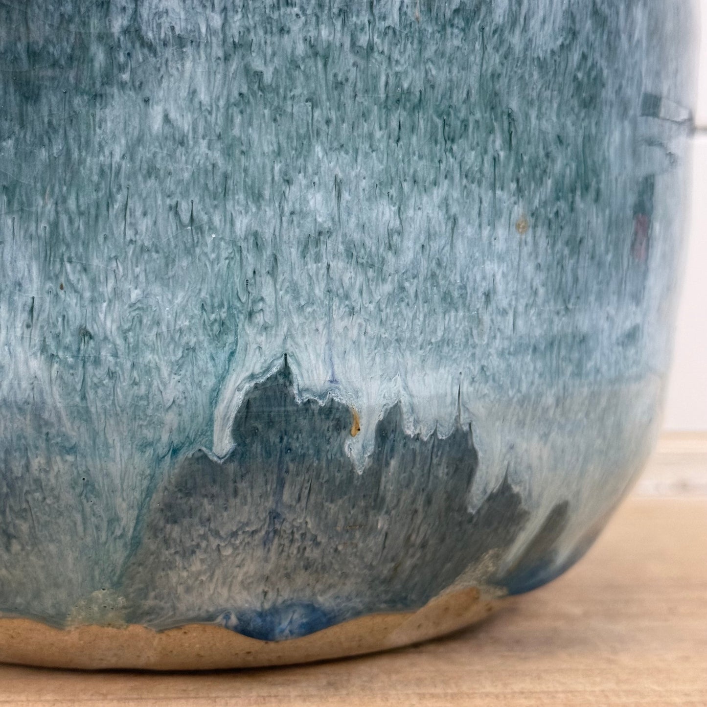 Studio Art Pottery Jar Signed with Cork Lid Blue Green Drip Glaze