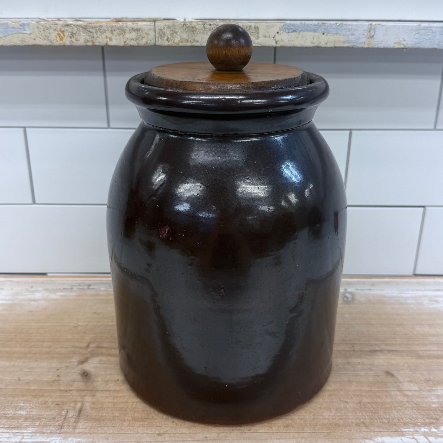 Stoneware Storage Crock with Wooden Lid Brown Glazed Kitchen Jar