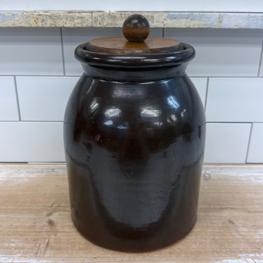 Stoneware Storage Crock with Wooden Lid Brown Glazed Kitchen Jar