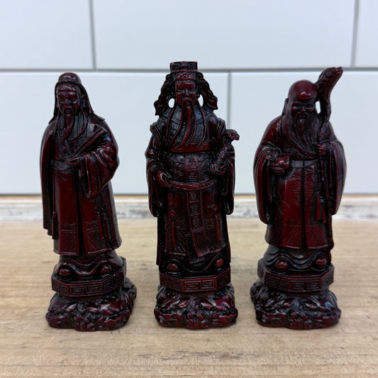 Vintage Chinese Fu Lu Shou Three Star Gods Red Resin Figurines