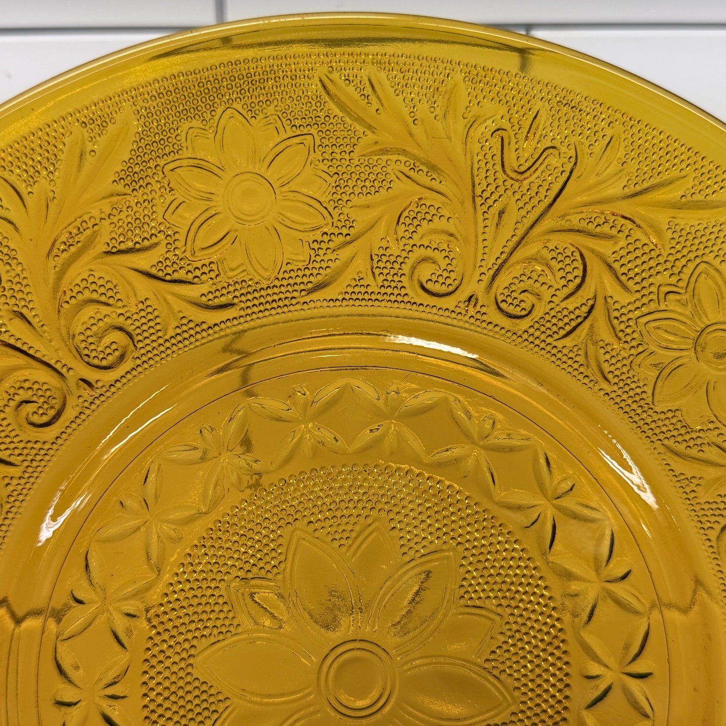Indiana Glass Golden Amber Floral Plates Set of 3 Vintage 1970s