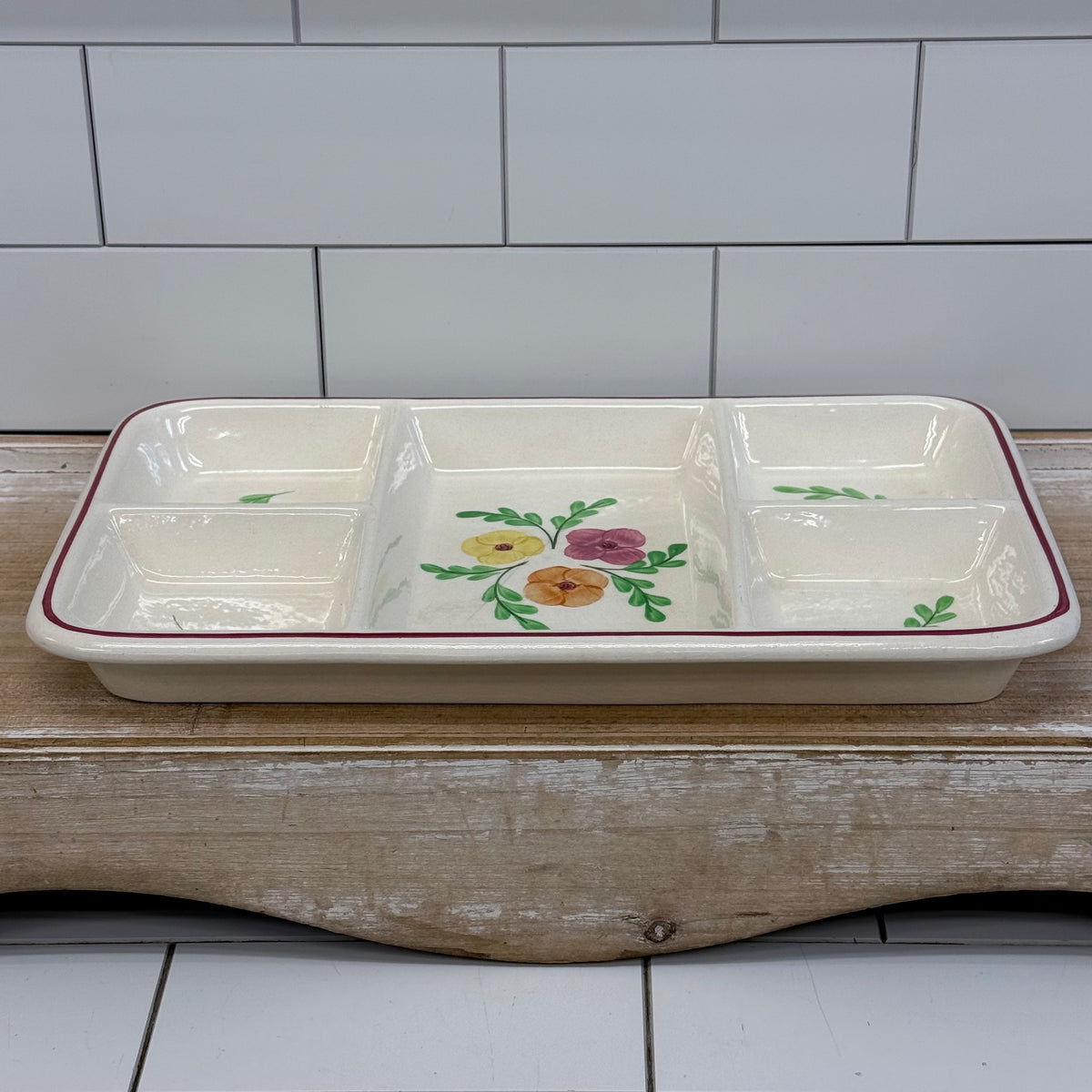 Hand Painted Floral Serving Dish with Wood Tray