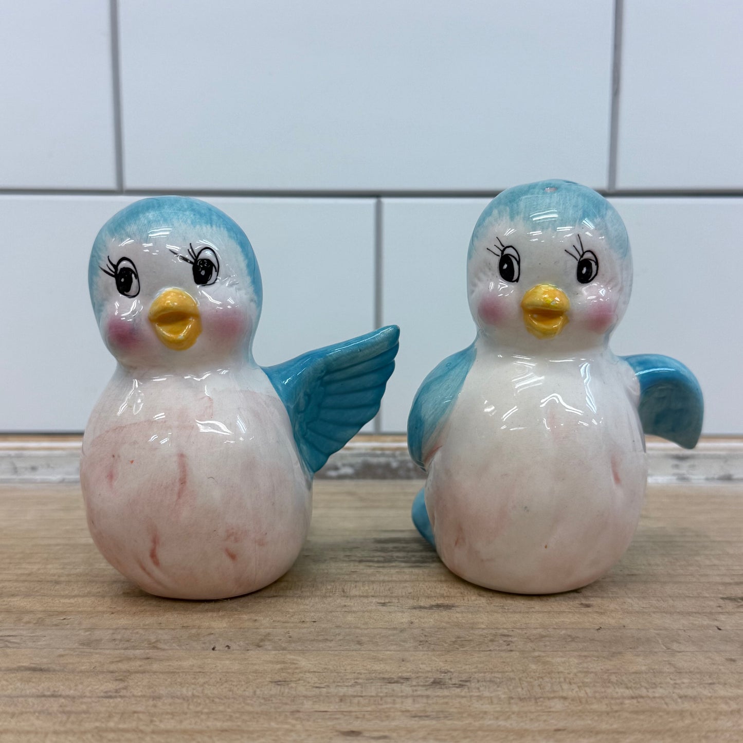 Vintage Blue Bird Salt & Pepper Shakers Glazed Ceramic Set of 2