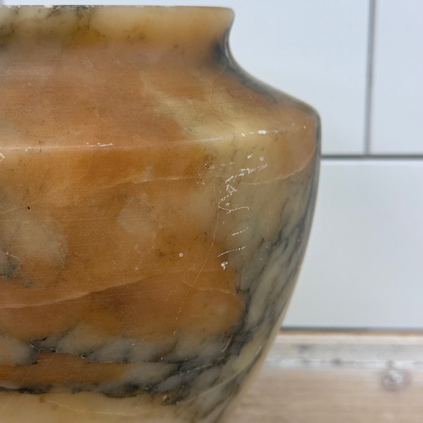 Natural Alabaster Stone Vase Hand Carved Decorative Vessel Vintage