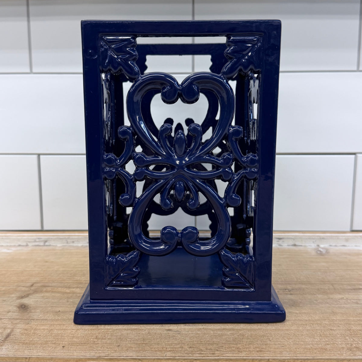 Navy Blue Cast Iron Cookbook Stand & Utensil Holder Set