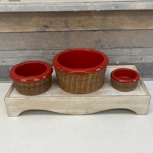 Farmhouse Wicker and Ceramic Red Mixing Bowls, Set of 3