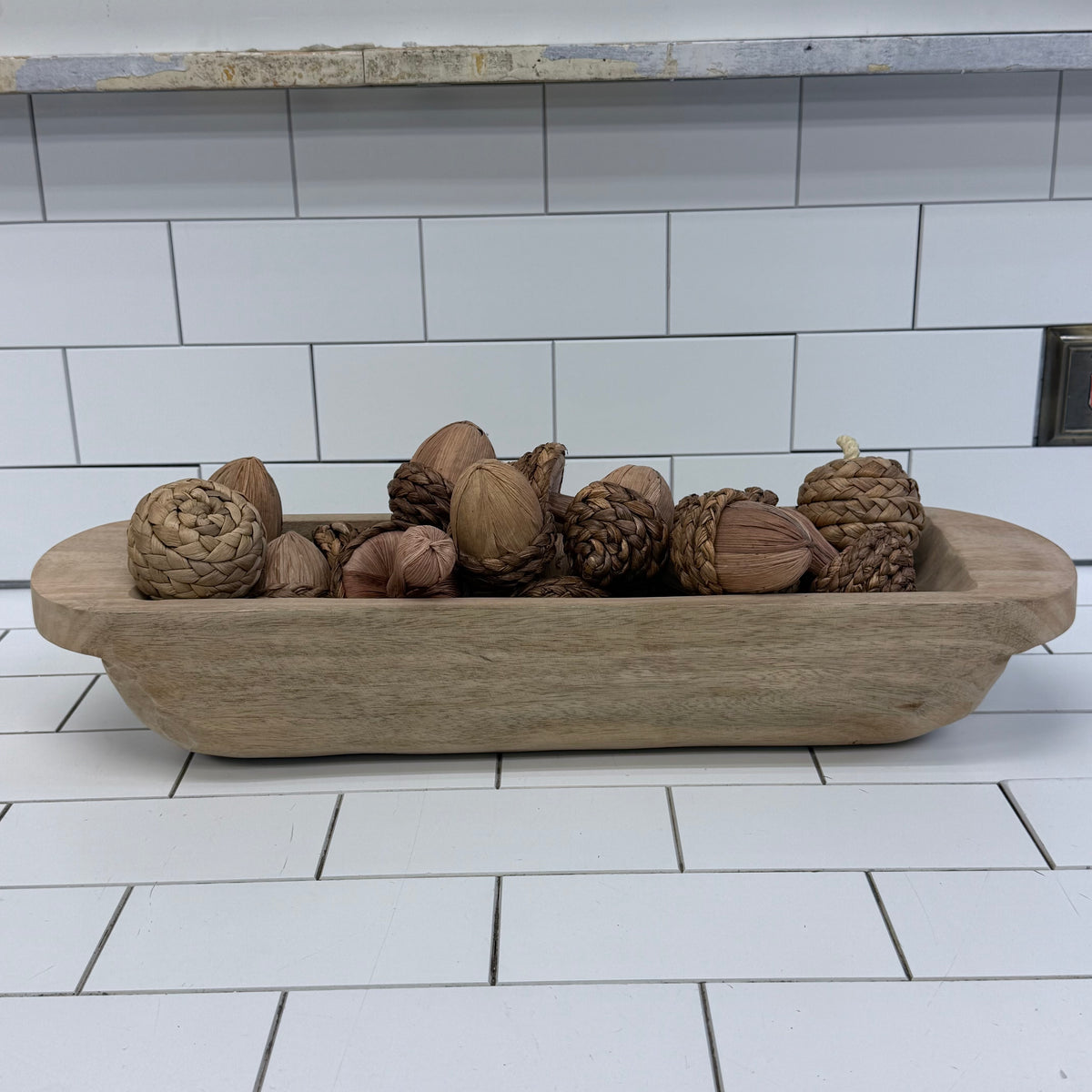 Rustic Trough Bowl & Woven Mushroom Acorn Pine Cones