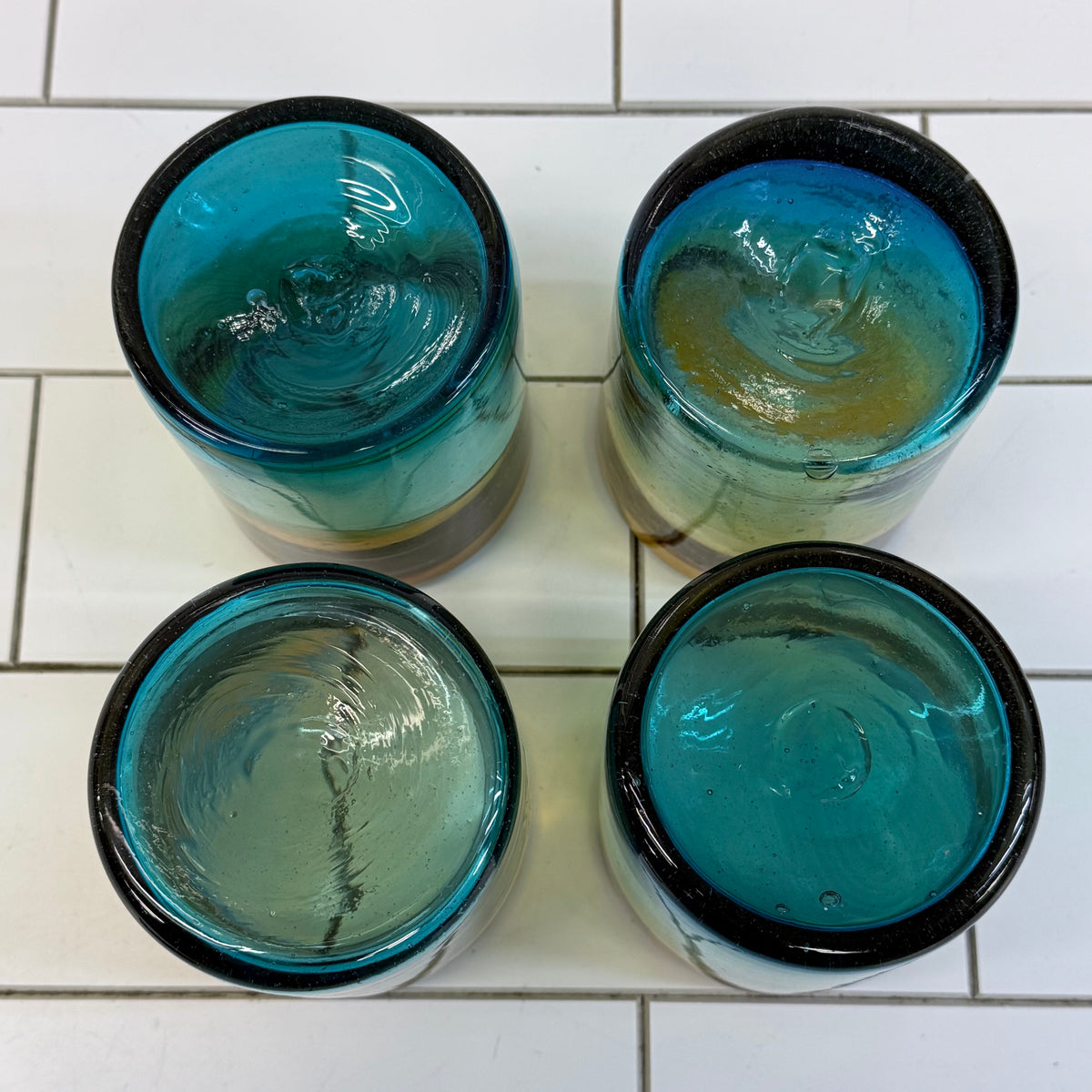 Handblown Ombré Amber Blue Green Art Glass Tumbler Set of 4