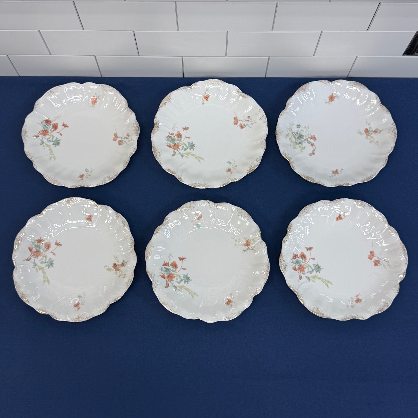 Antique European Porcelain Plates Set of 8 Hand Painted Floral Gilt Rim
