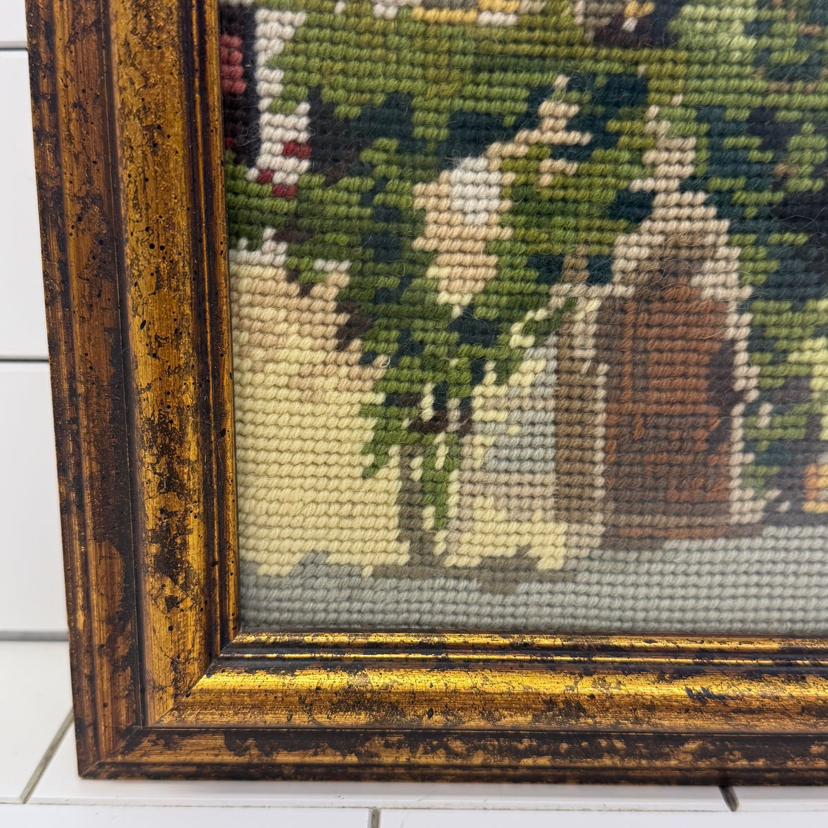 European Village Clock Tower Framed Needlepoint Art