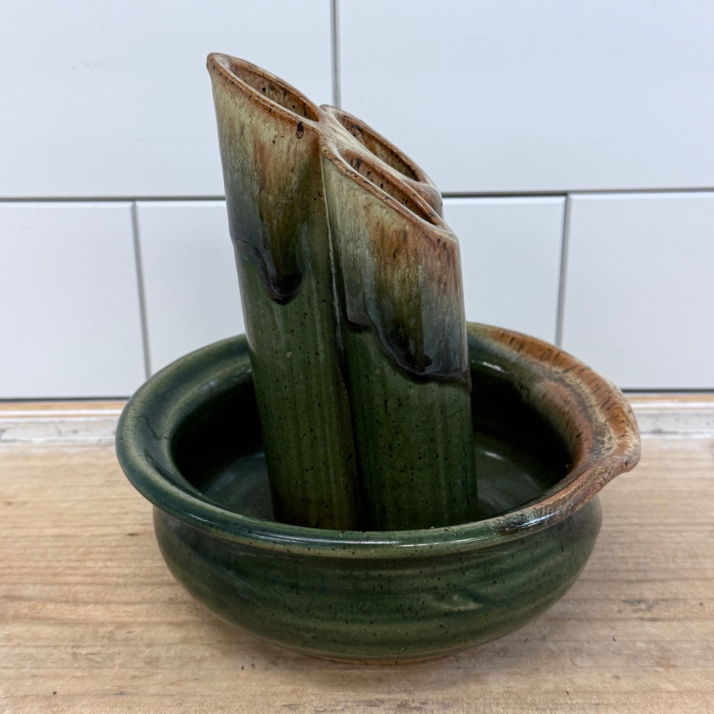 Garnett Studio Pottery Ikebana Vase Drip Glaze 1970s