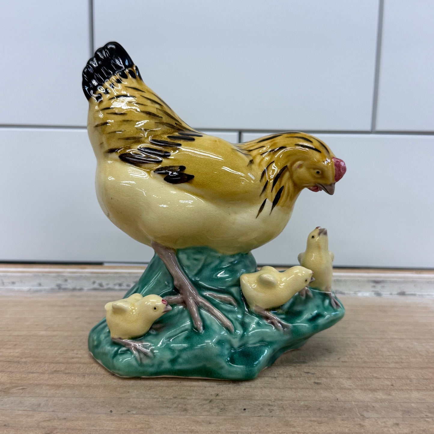 Mother Hen with Chicks Glazed Ceramic Figurine Farmhouse Decor