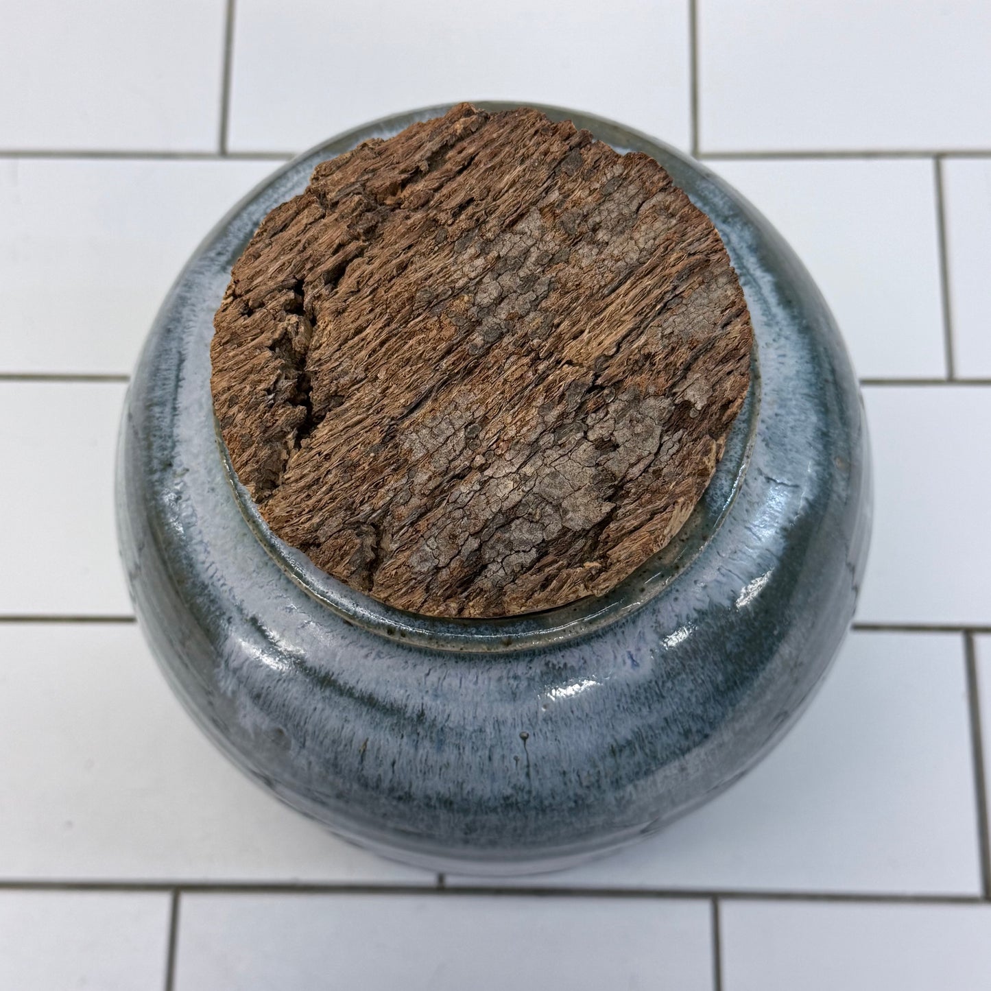 Studio Art Pottery Jar Signed with Cork Lid Blue Green Drip Glaze