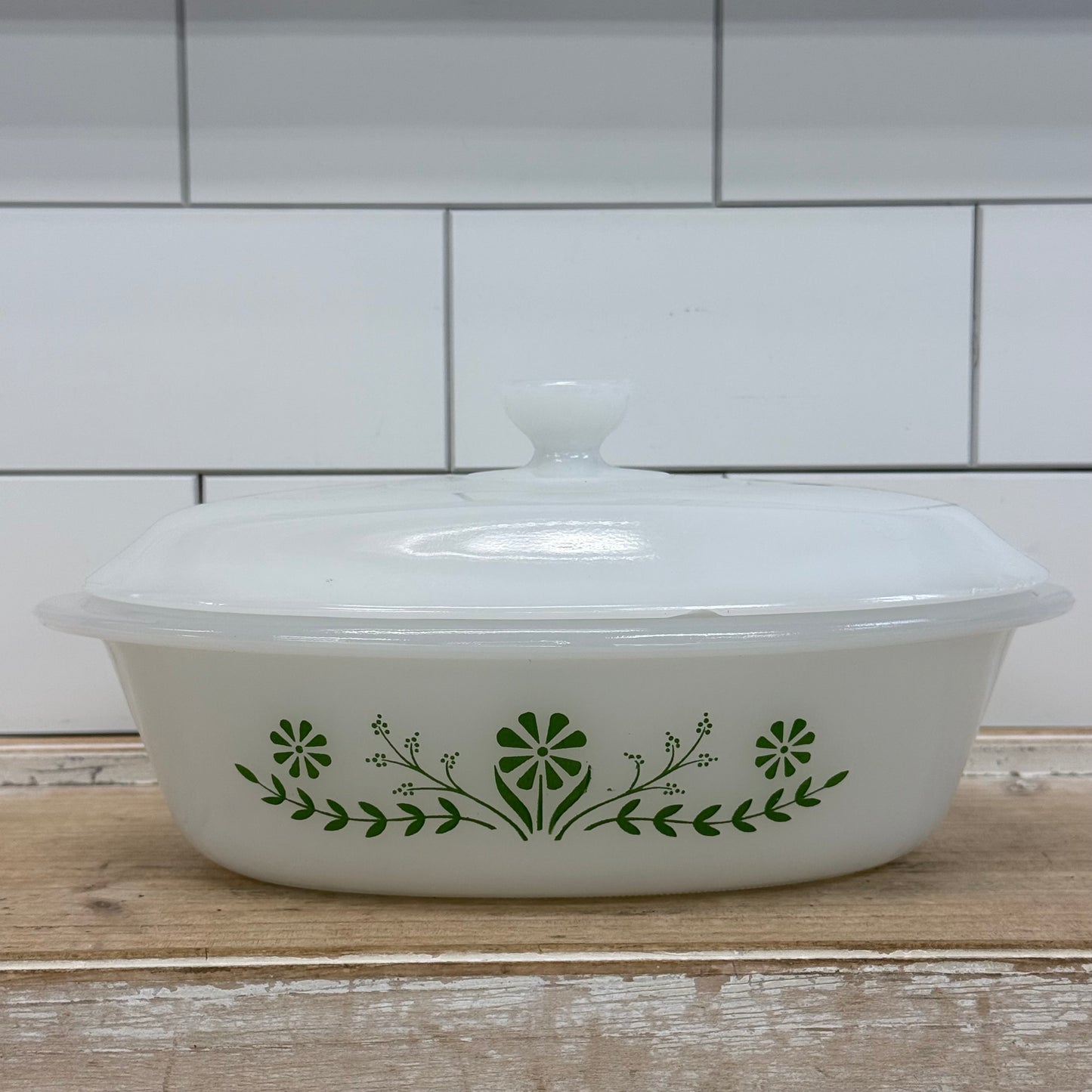 Glasbake Green Daisy Milk Glass Casserole Dishes Set of 2