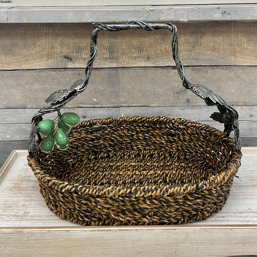 Elegant Woven Basket with Sculpted Metal Handle & Glass Grapes Accent