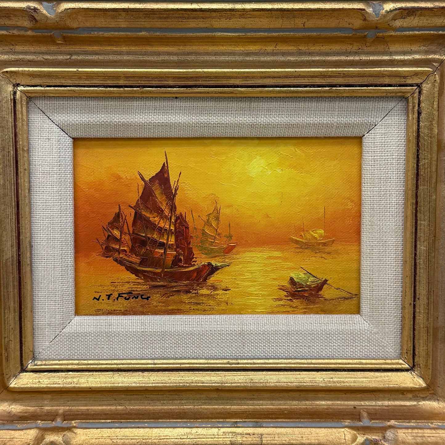 Sunset Junk Ships Original Oil Painting, Signed N.T. Fung