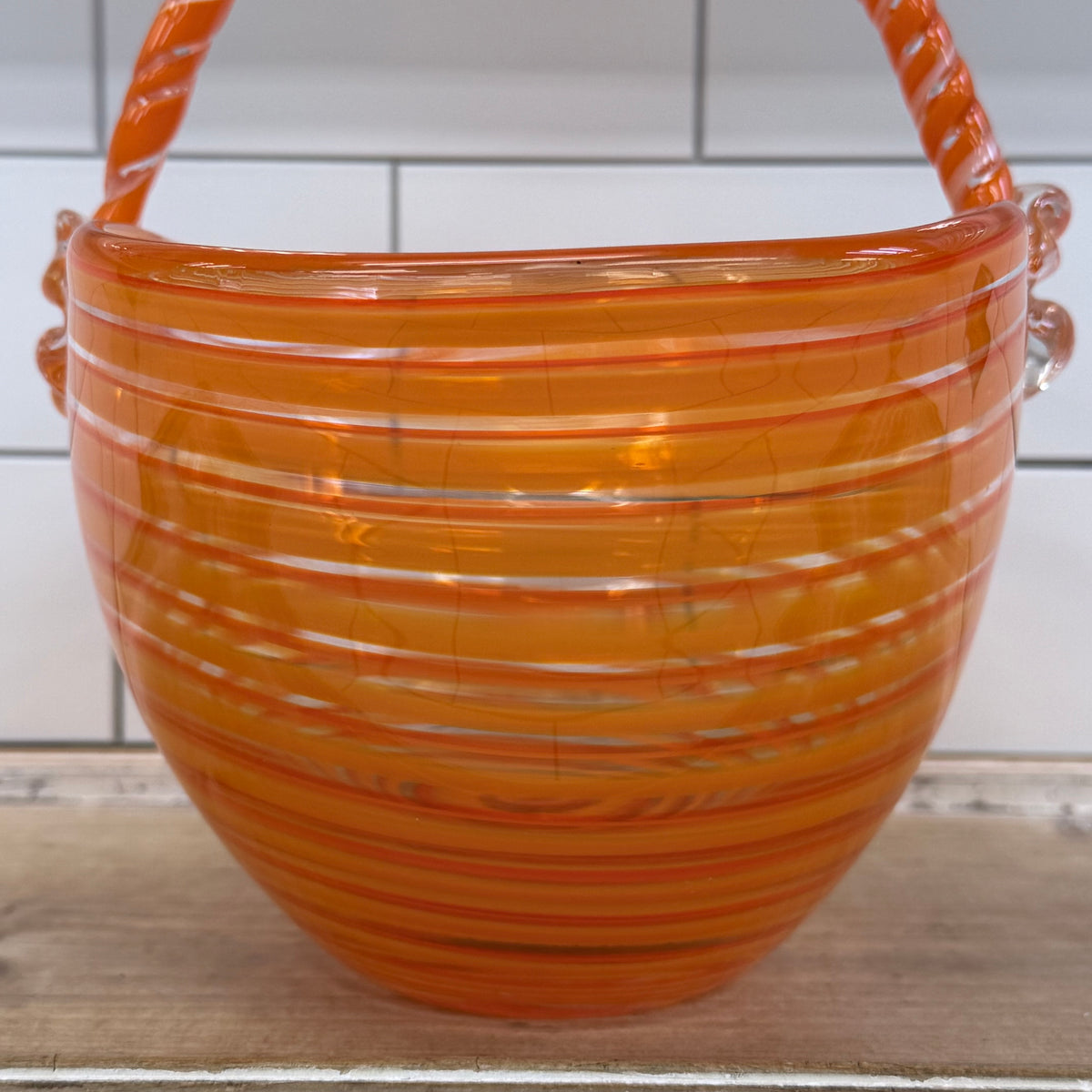 Orange Spiral Hand Blown Art Glass Basket with Handle
