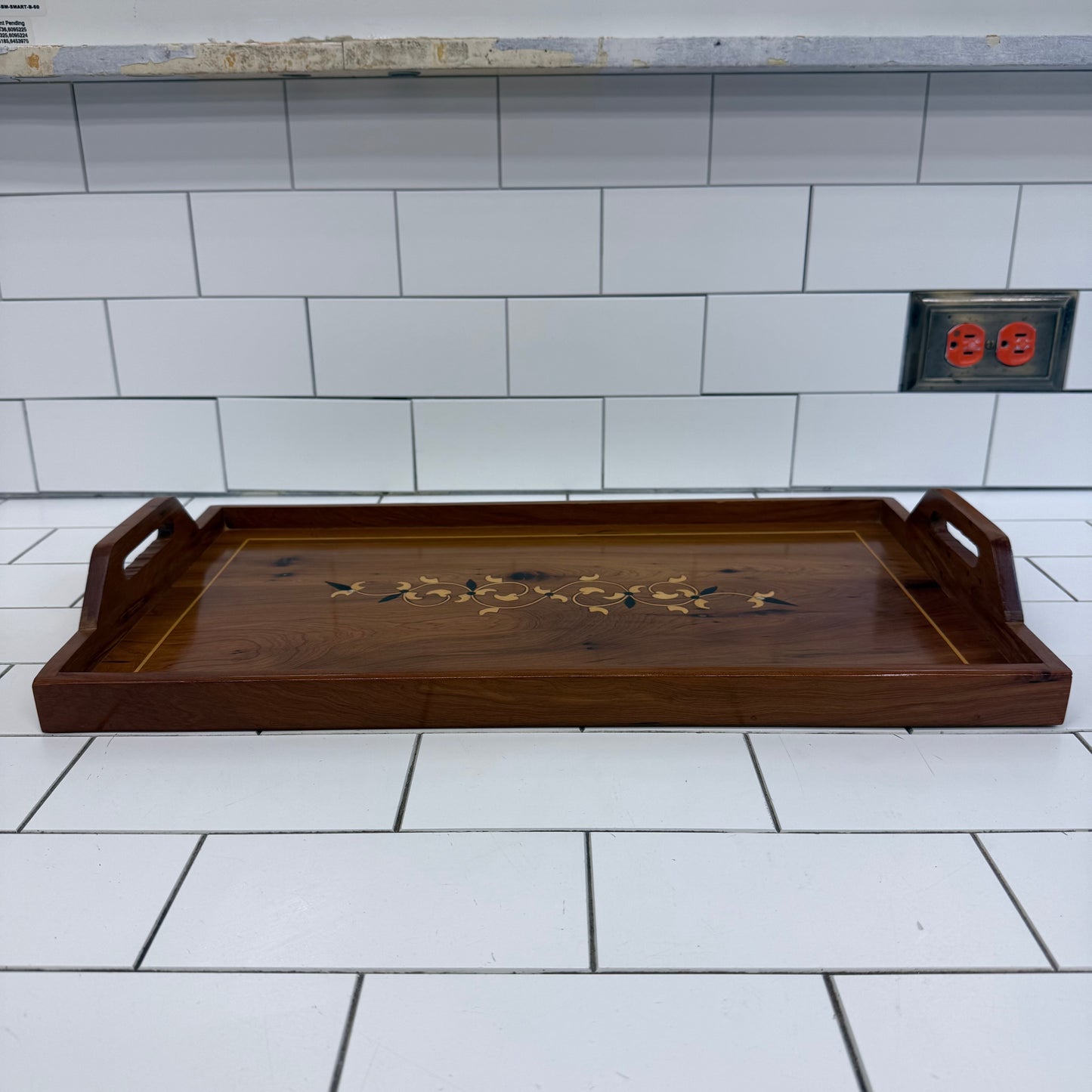 Marquetry Inlaid Wooden Serving Tray with Handles