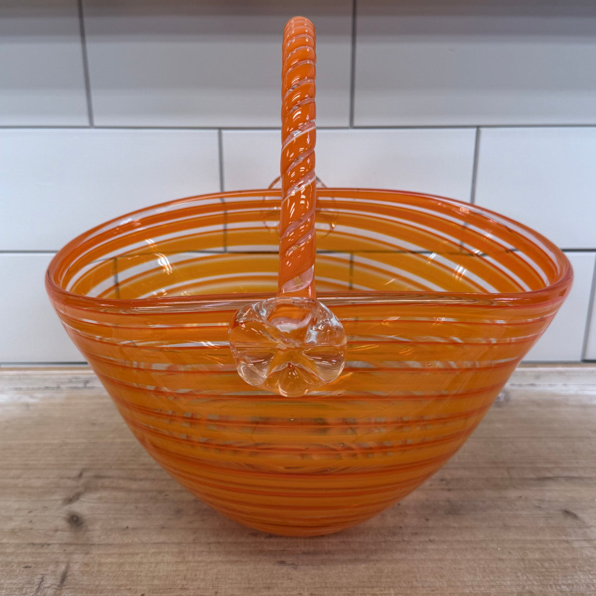 Orange Spiral Hand Blown Art Glass Basket with Handle