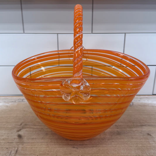 Orange Spiral Hand Blown Art Glass Basket with Handle