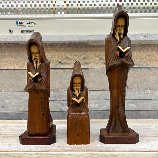 Vintage Hand Carved Wooden Monk Statues, Set of 3