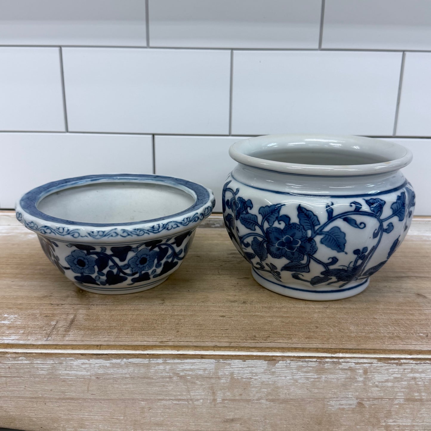 Blue White Floral Ceramic Planters Cachepots Set of 2