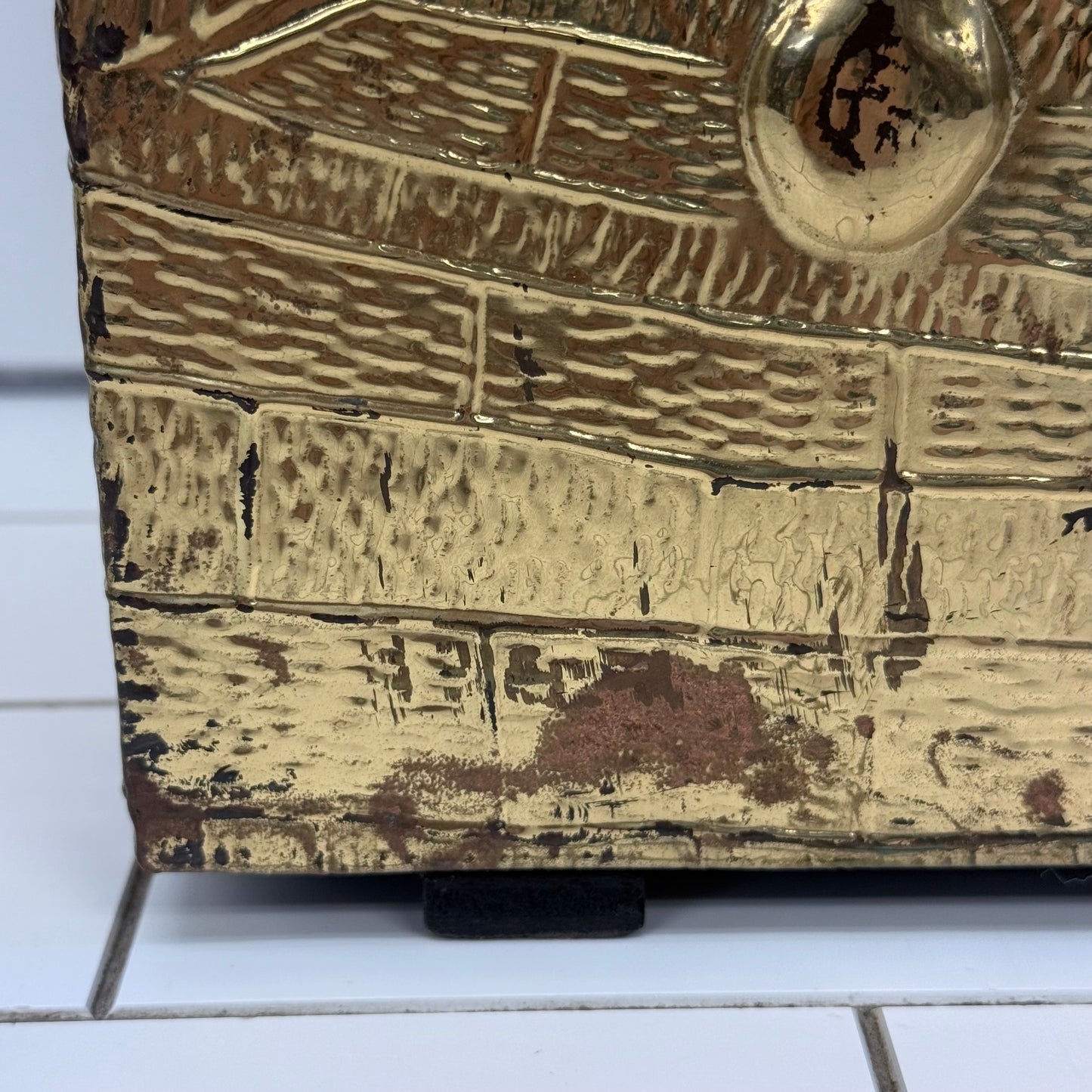Vintage Embossed Brass & Wood Magazine Rack Old World Scene