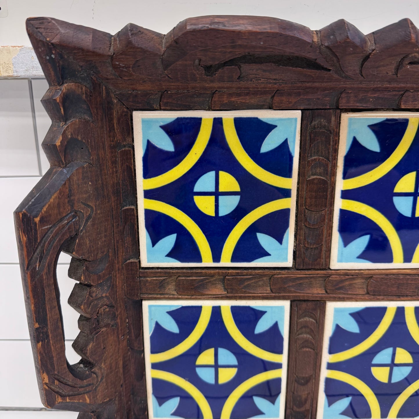Carved Wood Ceramic Tile Serving Tray Vintage 20”