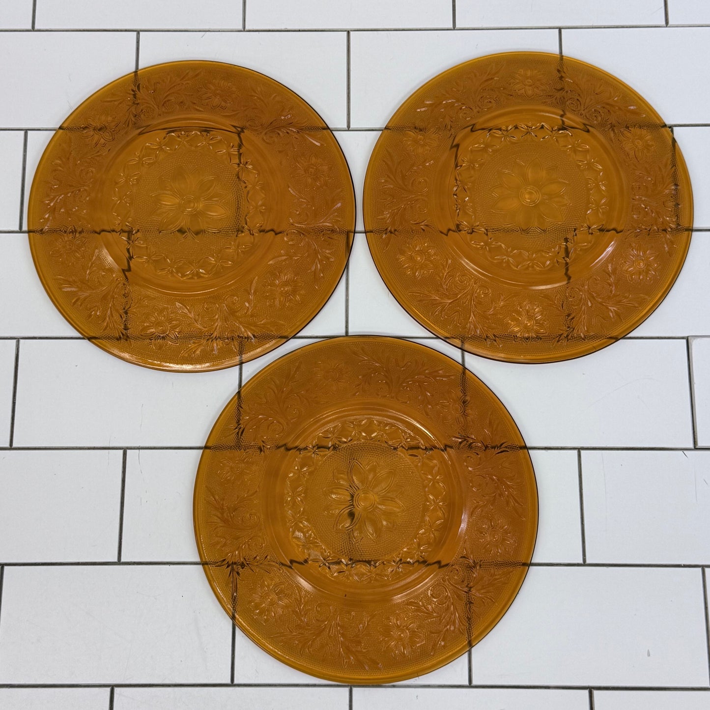Indiana Glass Golden Amber Floral Plates Set of 3 Vintage 1970s