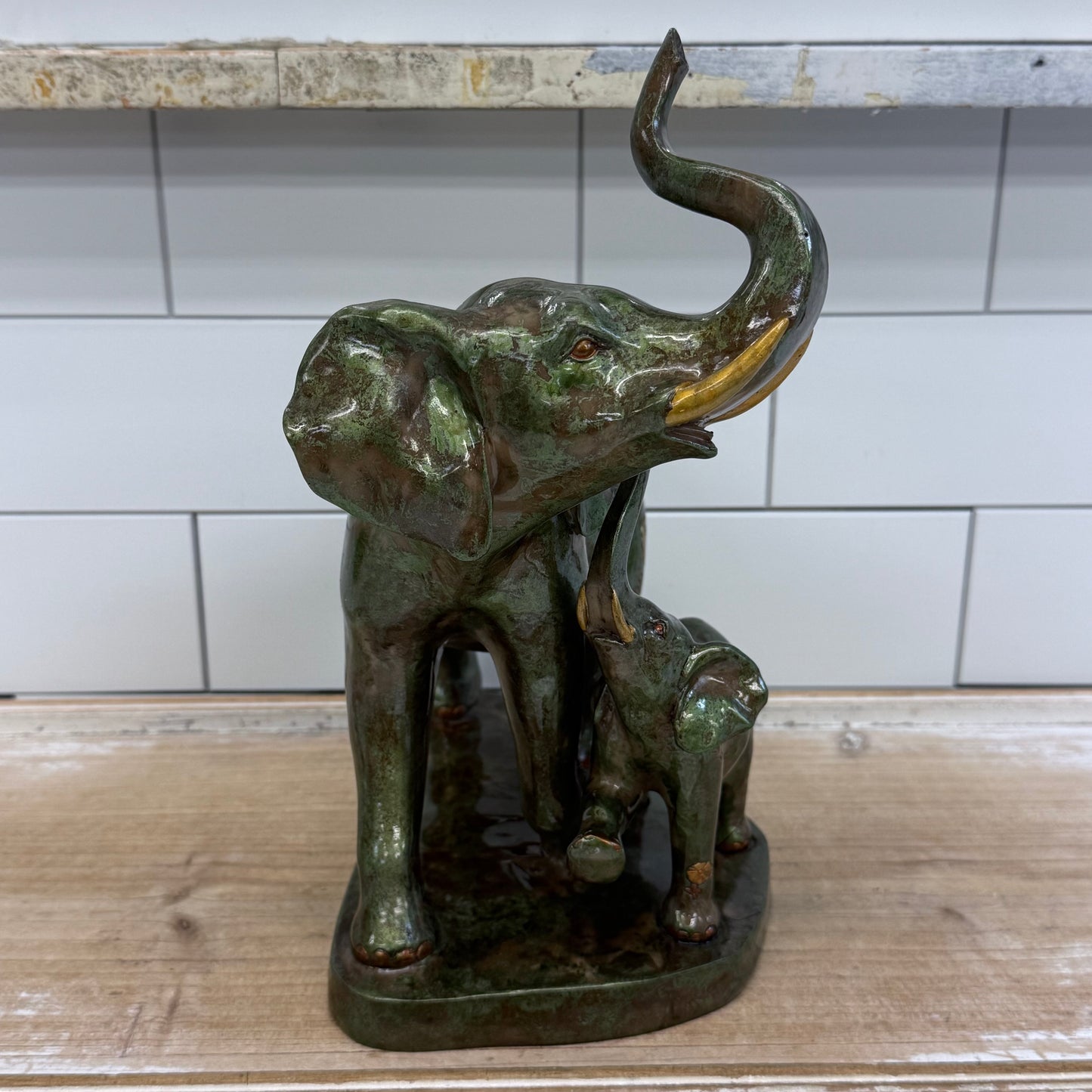 Mother Elephant Calf Figurine Faux Bronze Floral Statue