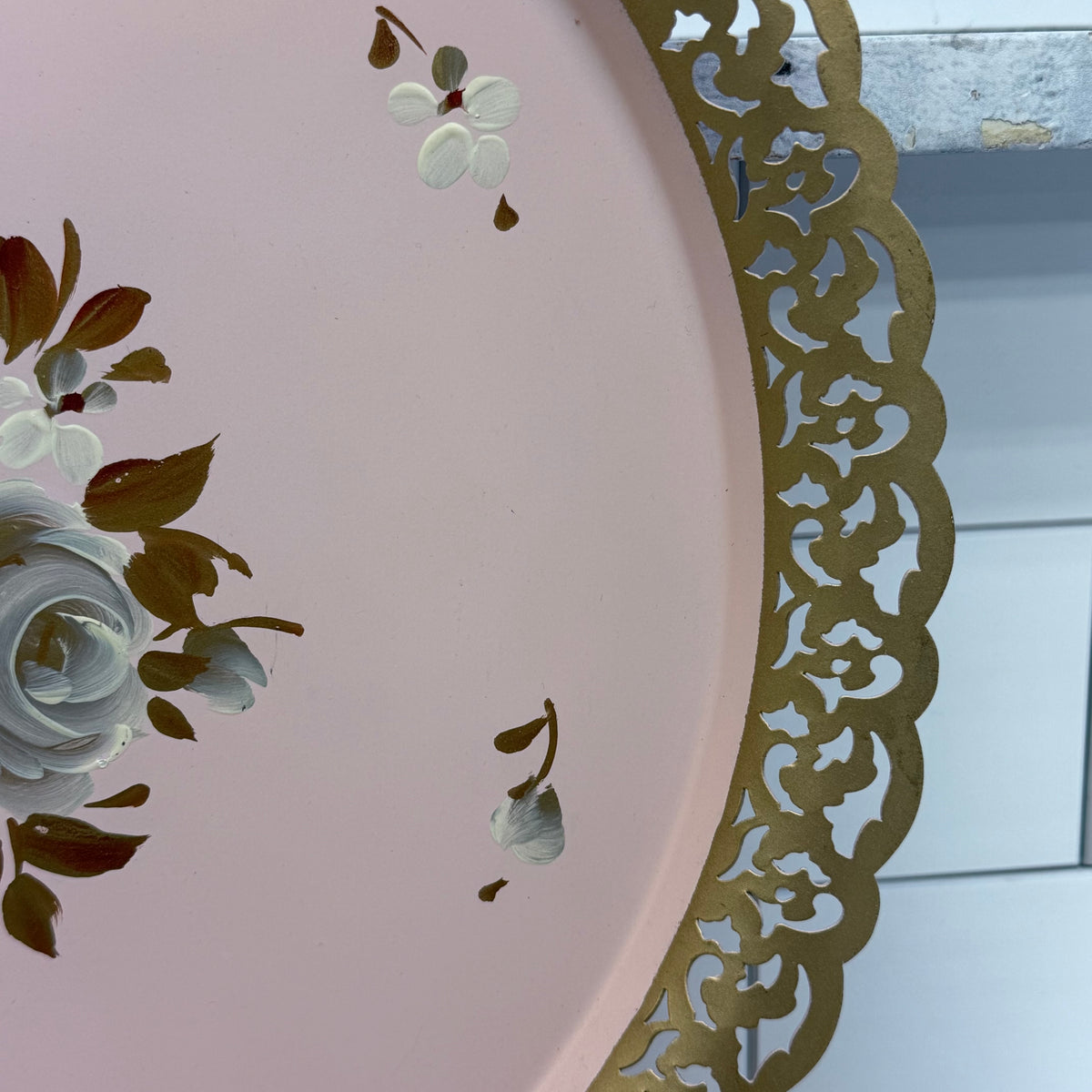 Vintage Hand Painted Pink Floral Tole Metal Tray 15”