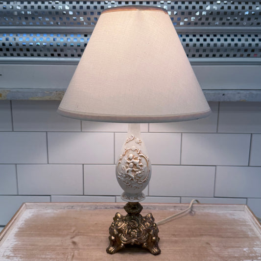 Vintage Cherub Raised Relief Bisque Porcelain Table Lamp