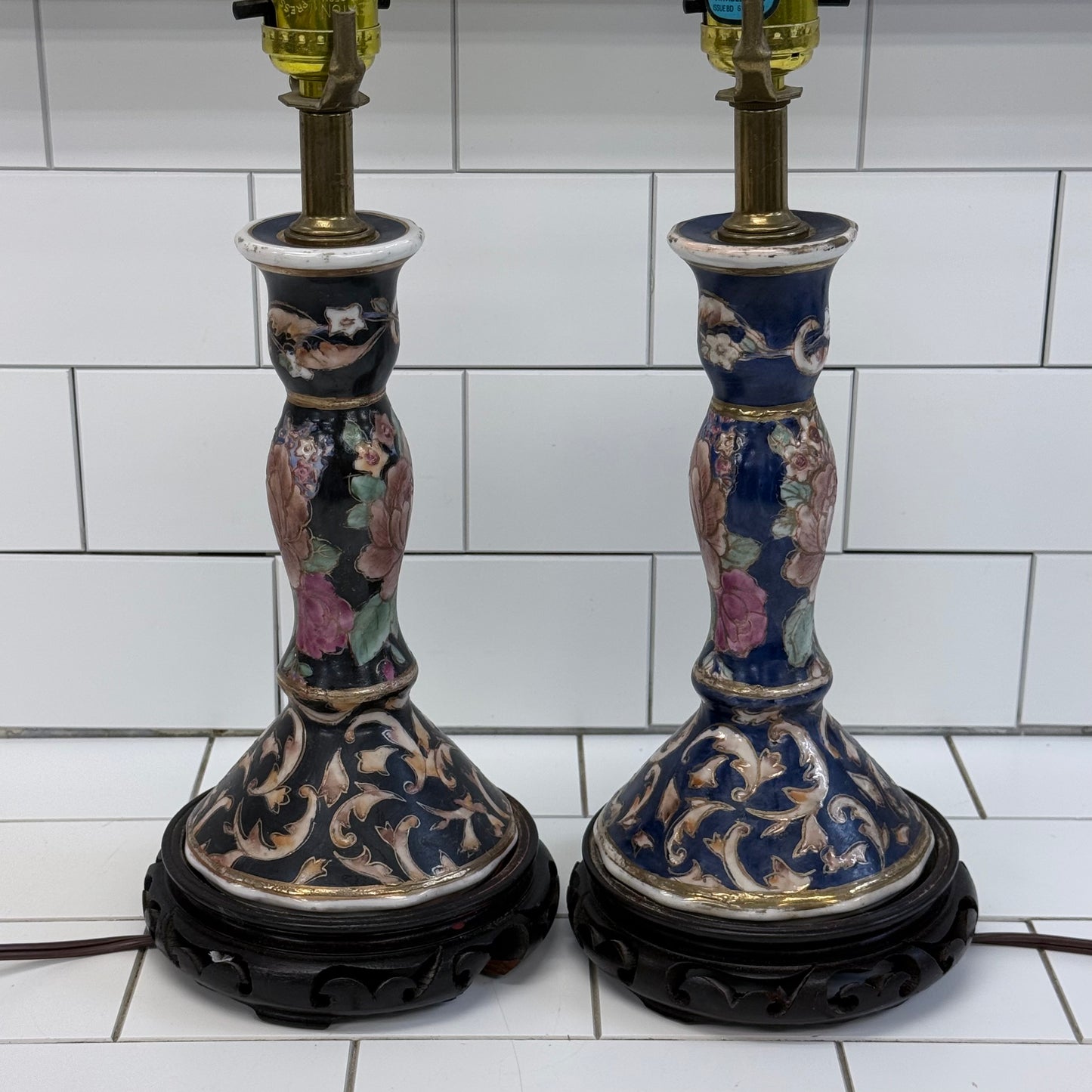Chinoiserie Gilded Porcelain Accent Lamps Set of 2 Blue Floral