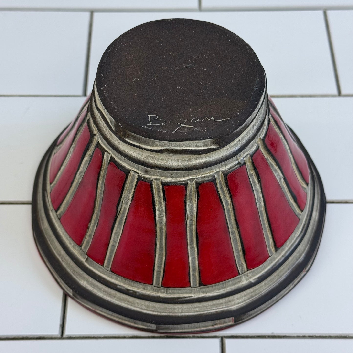 Studio Art Pottery Red Stoneware Carved Line Bowl Vintage Signed